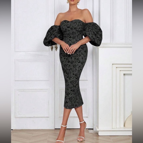 Luxe dusty blue floral jacquard off shoulder party formal evening dress - Picture 15 of 16